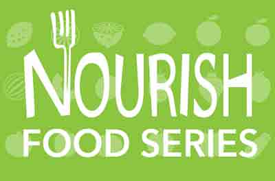 Nourish Food Series Logo on light green background with illustration of assorted fruits and vegetables